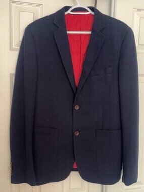 Gianni Feraud Men's Navy Blue Textured Blazer 42 Red Polka Dot Lining